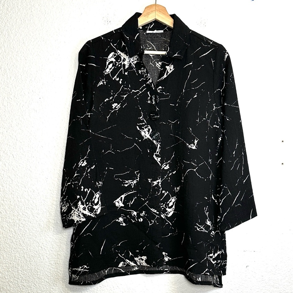 Habitat Women’s Small Black White Abstract Button Front Collared Blouse Top